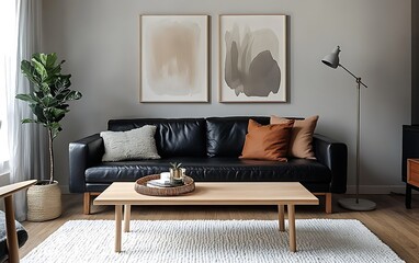 Modern living room with black leather sofa, light wood coffee table, abstract art, and floor lamp.
