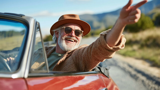 Joyful elderly man in stylish hat and sunglasses enjoying a scenic drive in vintage convertible car, pointing toward picturesque landscape on sunny day - Powered by Adobe