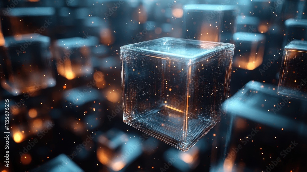Poster abstract animation of dark background with floating glass cubes looping video 3d rende