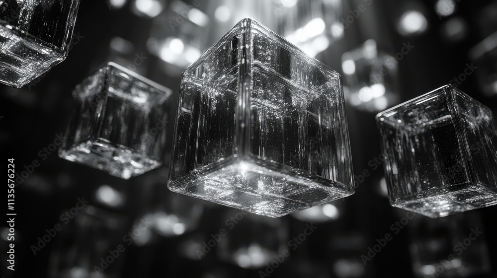 Poster abstract animation of dark background with floating glass cubes looping video 3d rende