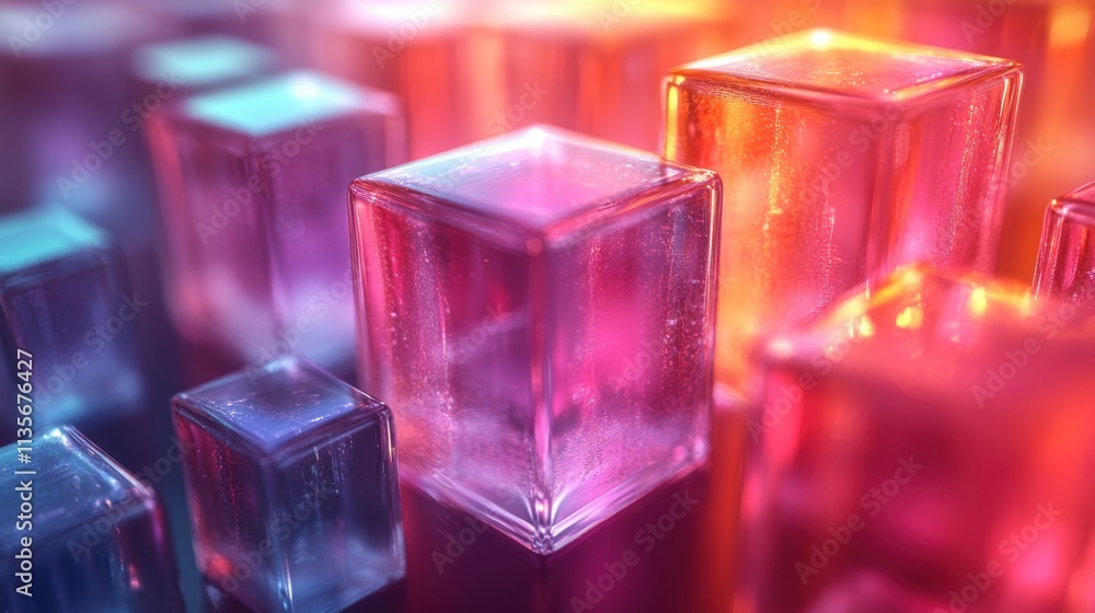 Poster abstract animation of light colorful background with glass cubes looping video 3d rende