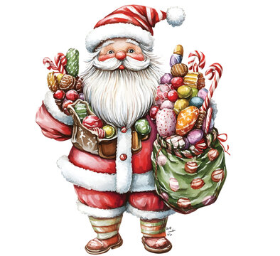santa claus with candies and gift illustration