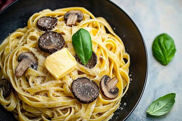 Top view of truffle fettuccine with mushrooms, long egg pasta