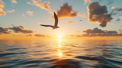 Seagull Flying Over Ocean Sunset