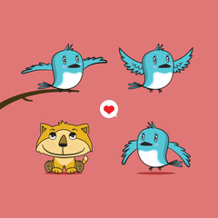 cute cat with love bird illustration