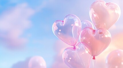 Colorful heart-shaped balloons float against a dreamy sky during Valentine's Day celebration