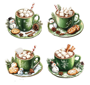 Watercolor Coffee cups with cookies and snowman