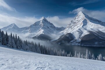 Fototapeta premium Majestic Silver Snow-Covered Mountain Range with Tranquil Peaks and Serene Atmosphere