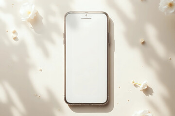 Mobile phone with blank screen mock up on a neutral beige linen background with aesthetic floral sunlight shadows. Flat lay, top view