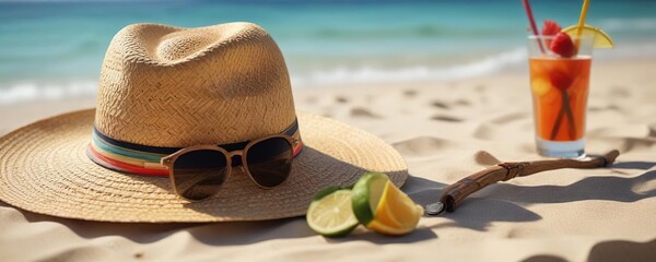 Accessories for a perfect beach day - straw hat, cocktail, sunglasses, getaway, relaxation