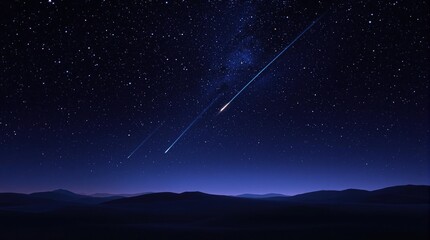 A magical and enchanting starry night scene with a few shooting stars in the distance , darkness, space
