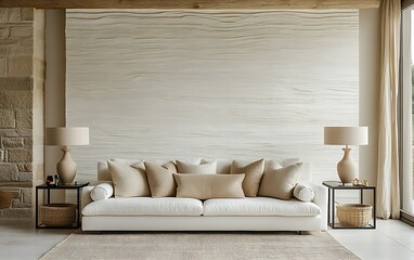 Modern living room with white sofa, neutral tones, and textured wall.