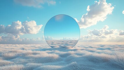 Reflection of clouds in a circular mirror on a fluffy surface