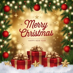 Christmas scene festive decorations include red baubles pine branches gold beads candy cane Merry Christmas text Happy New Year text
