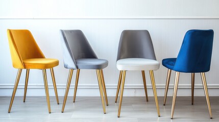 Four velvet dining chairs with gold legs.