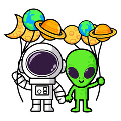 Cartoon Astronaut and Alien with Earth balloon