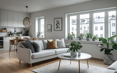 Modern minimalist living room with light wood floors, white sofa, and large windows offering city view.