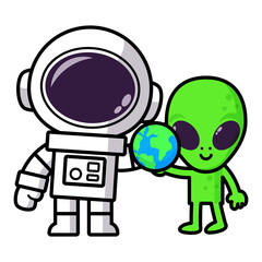 Cartoon Astronaut and Alien Holding Earth