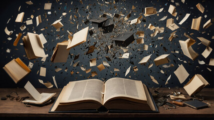 A chaotic void filled with fragments of memories, like floating books
