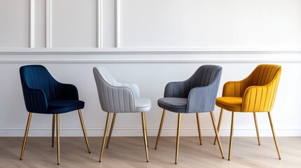 Four velvet armchairs in different colors against a white wall.