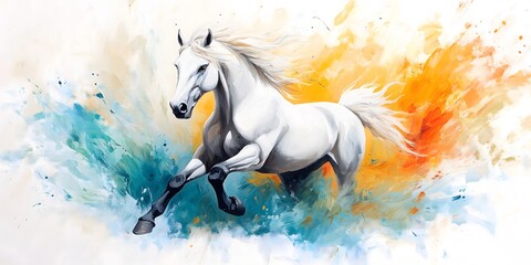 Naklejka premium A powerful stallion races across a vivid backdrop of orange and blue splashes. The horse's mane flows gracefully, creating a sense of wild energy and beauty in motion.