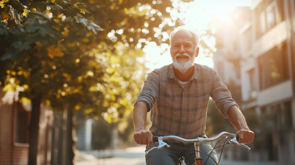Joyful senior man riding bicycle in sunny urban environment with green trees while enjoying a peaceful moment of leisure and healthy lifestyle outdoors