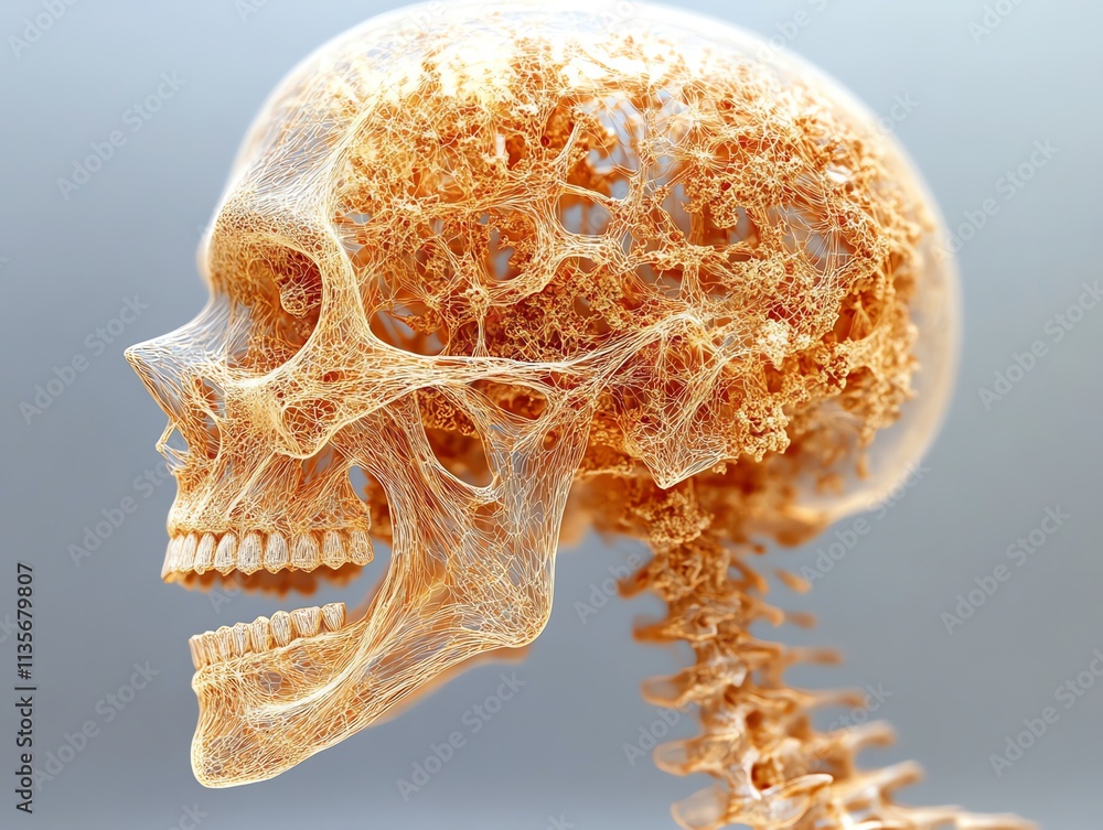Poster a detailed, artistic rendering of a human skull and spine, showcasing intricate structures.