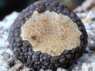 A Perigord truffle (Tuber melanosporum), known as the black diamond, being dug out of the ground , isolated on white background,  , copy space, copy space for text,