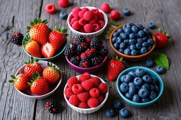 Vibrant Selection of Artisanal Berries Includes Strawberries Huckleberries Raspberries and Blueberries