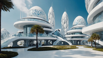 A futuristic utopia with clean white architecture and holographic trees.

