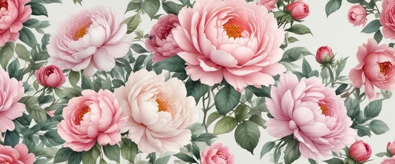 Graceful watercolor design featuring roses and peony flowers, botanical art, softness, grace