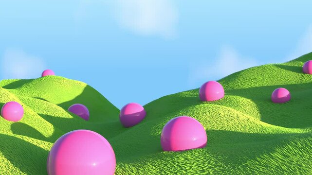 liminal dreamscape fantasy grass field abstract pink spheres 3d animation loop. Mysterious introspection surrealist space, peaceful loneliness contemporary art
