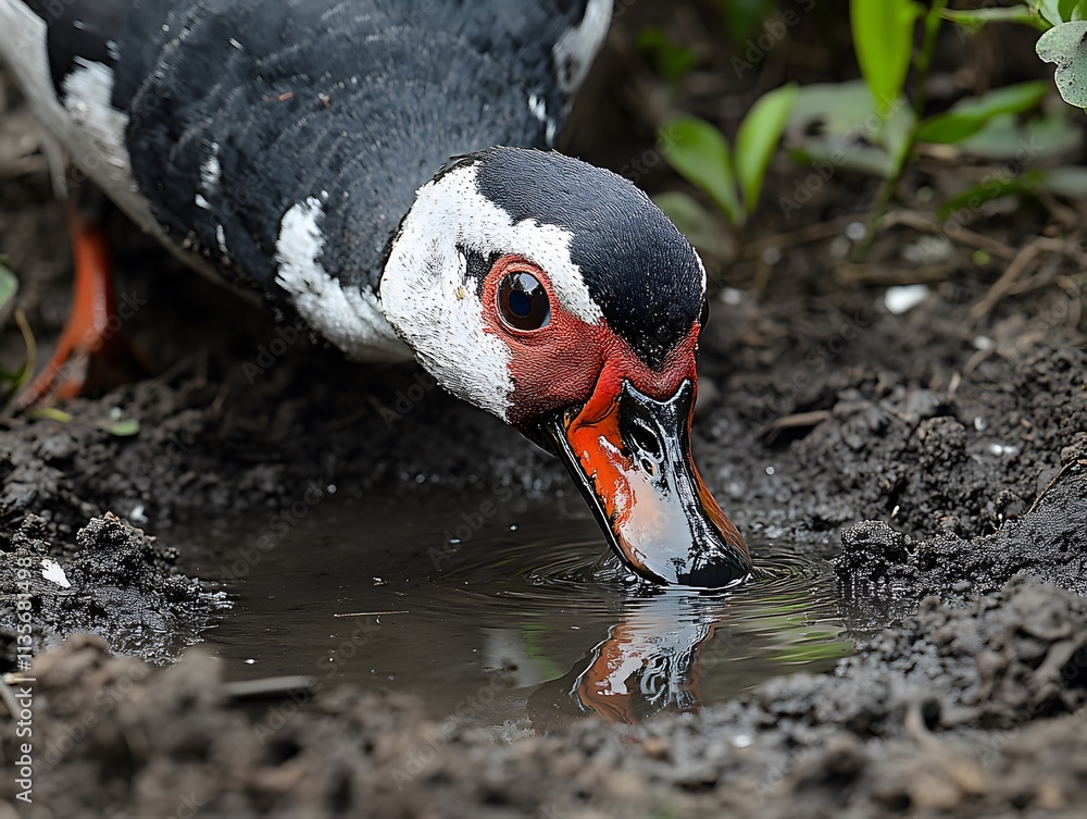 Poster a bird with striking features drinking from a small puddle in the ground.