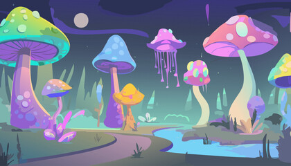 Fantasy landscape with magic mushrooms. Vector illustration. Cartoon style.