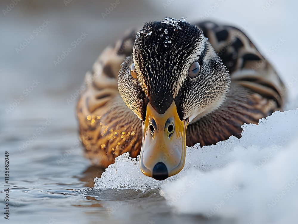 Poster a close-up of a duck in a snowy environment, showcasing its feathers and surroundings.