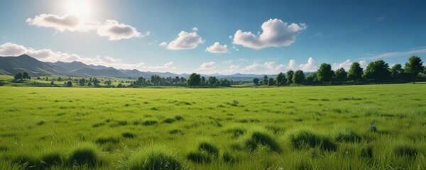 Fototapeta premium Lush green pasture under a cloudless blue sky, scenic, agriculture