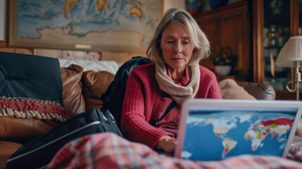 Obraz premium mature woman, laptop, travel options, home setting
