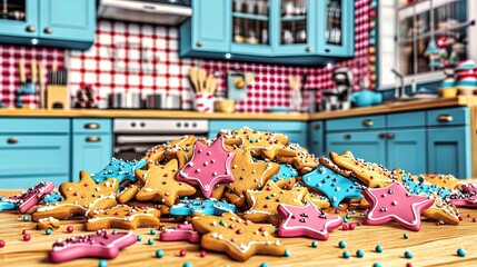 charming holiday kitchen poster: a cozy light oak surface adorned with gingerbread cookies, capturing the spirit of modern festive decor