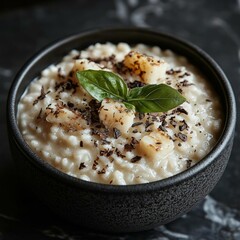 Black truffle risotto recipe.  Autumn creamy consistency risotto in stylish black dish on the black background. Dark autumn or winter mood in the style of the Chef's table
