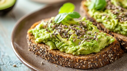 A close-up of an avocado toast, with mashed avocado spread on whole-grain bread, garnished with seeds