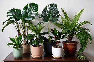 Obraz premium Tropical Plant Collection Featuring Monstera Palm Rubber Plant Cherry and Fern Grouping