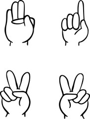 Set of hands drawn with black contour lines style human arms. Vector different man woman hands showing signs. Non-verbal or manual communication, body language. Monochrome illustration