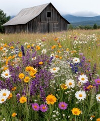 Obraz premium Stunning Wildflower Meadow with Rustic Barn