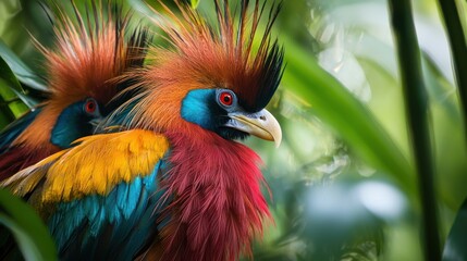 A close-up of exotic tropical birds in a jungle setting, showcasing their vivid plumage.