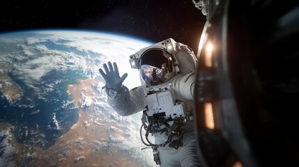 A Young Astronaut Posing in a Space Suit During a Spacewalk Outside a Spaceship, Satellite,  Station, Earth Background. Spaceman Looking at Camera, Smiling, and Waving Hello Next to an Entrance Hatch.