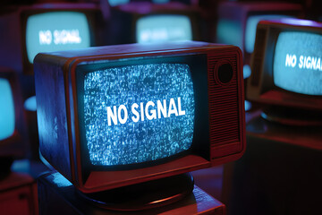 Vintage TV with "No Signal" display, retro aesthetic, static screen, classic technology, nostalgic electronics, analog era, moody lighting, symbolic media representation