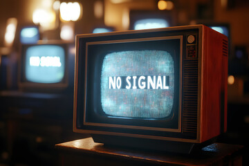 Vintage TV with "No Signal" display, retro aesthetic, static screen, classic technology, nostalgic electronics, analog era, moody lighting, symbolic media representation