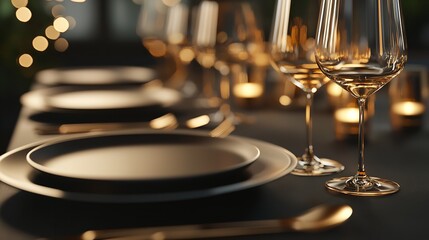 Luxurious Fine Dining Table Setting with Empty Black Plates and Elegant Accents
