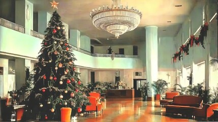 elegant christmas hotel lobby poster: stunning giant tree, festive garlands, and grand chandelier – perfect for winter decor in luxurious settings!