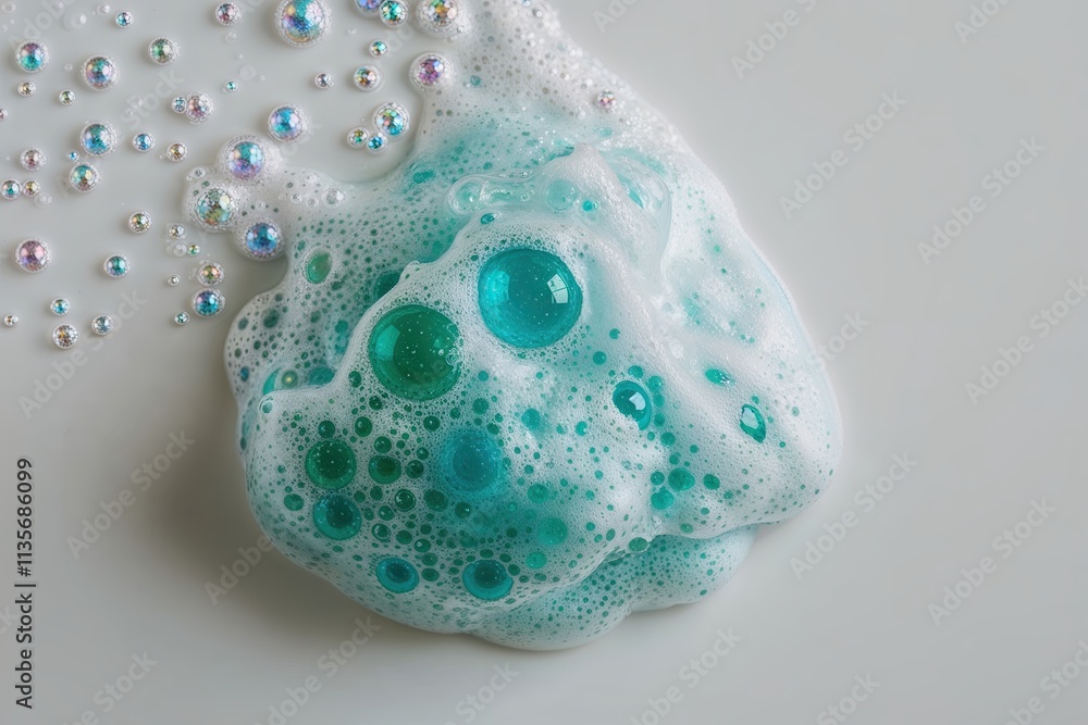 Poster sparkling soap froth with multicolored bubbles on a white background